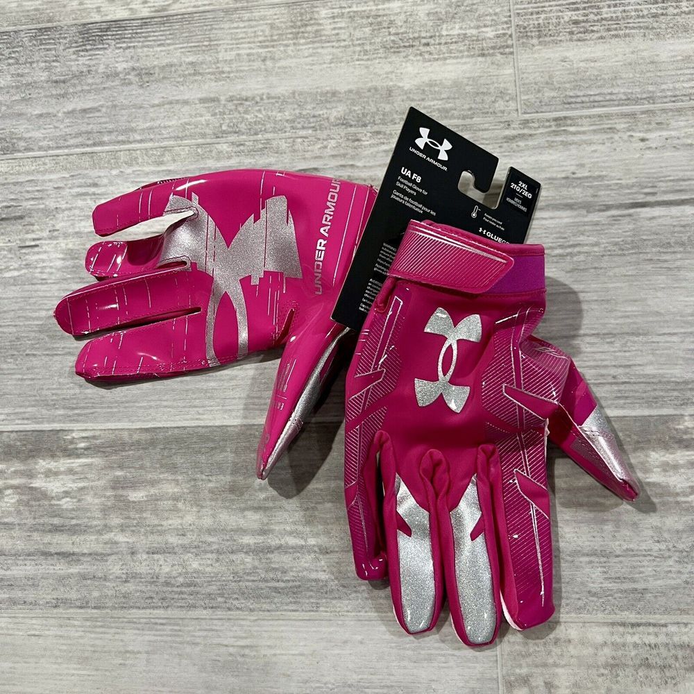 Under Armour 2XL Mens UA F8 1368851-654 Receivers Pink Silver Football Gloves